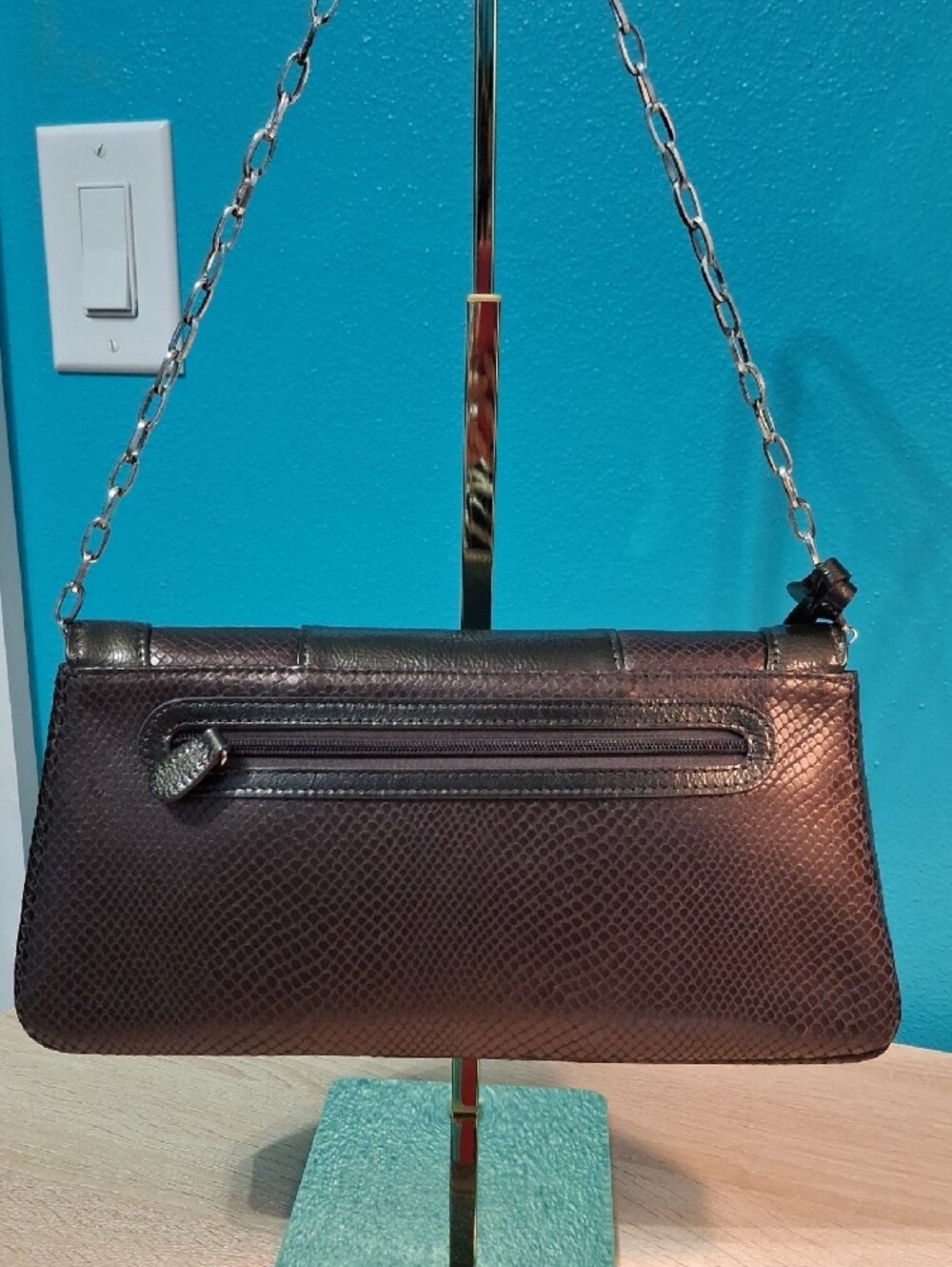 Brighton Bronze Snake Embossed Studded Clutch with Heart Charm - Picture 6 of 14